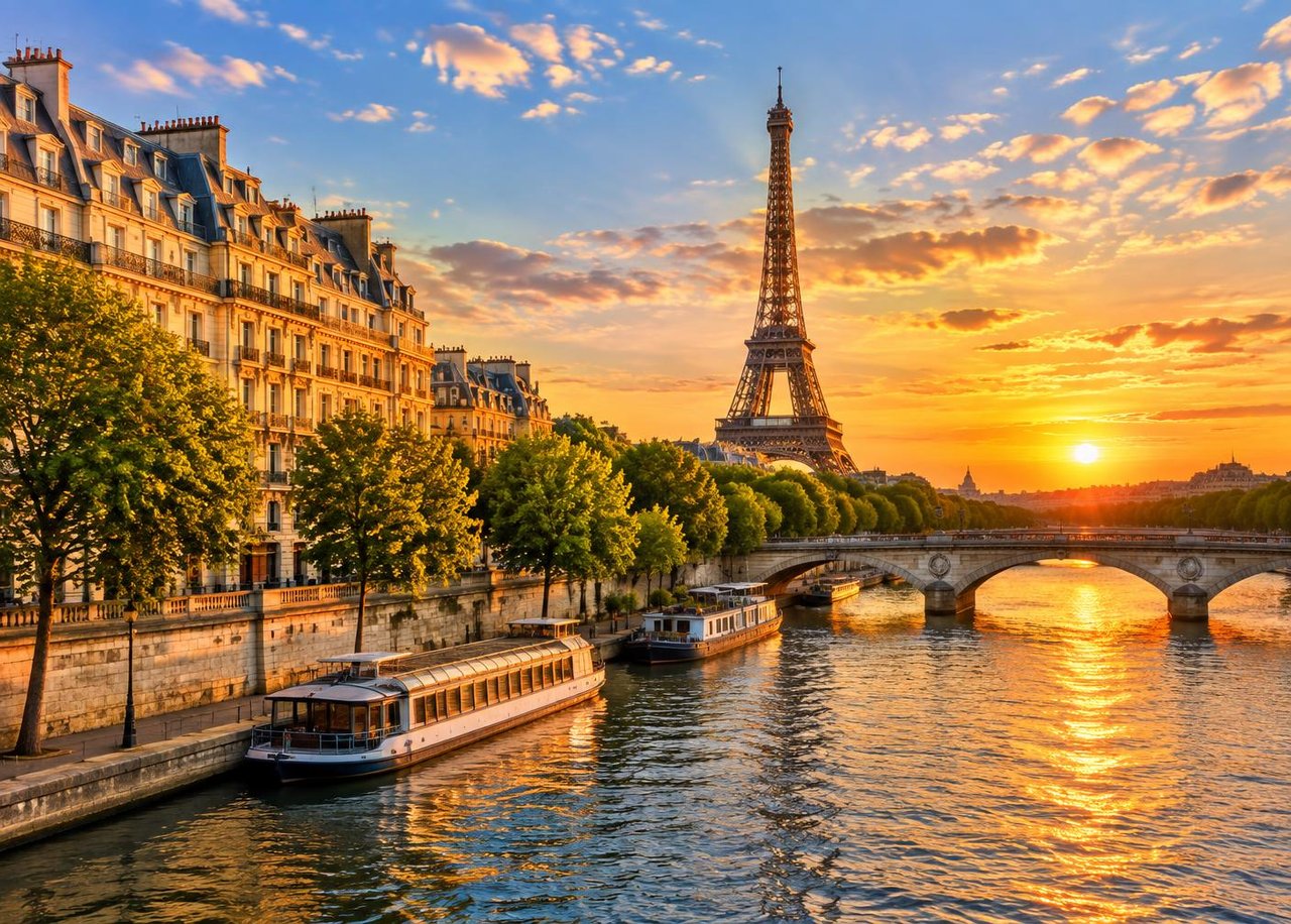 Eiffel Tower above the Seine at sunset