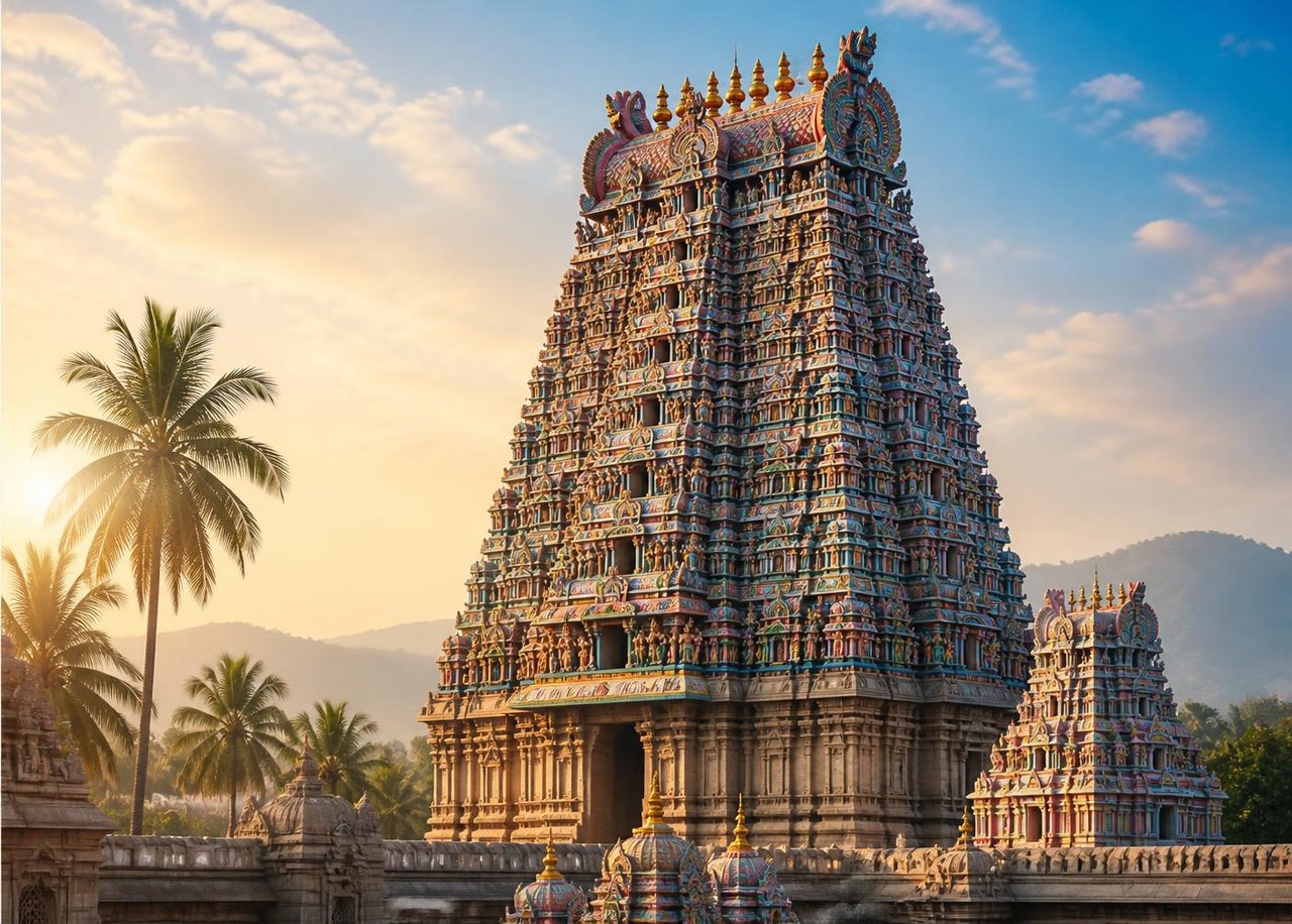 Ornate South Indian temple gopuram covered in colourful sculpture at sunrise