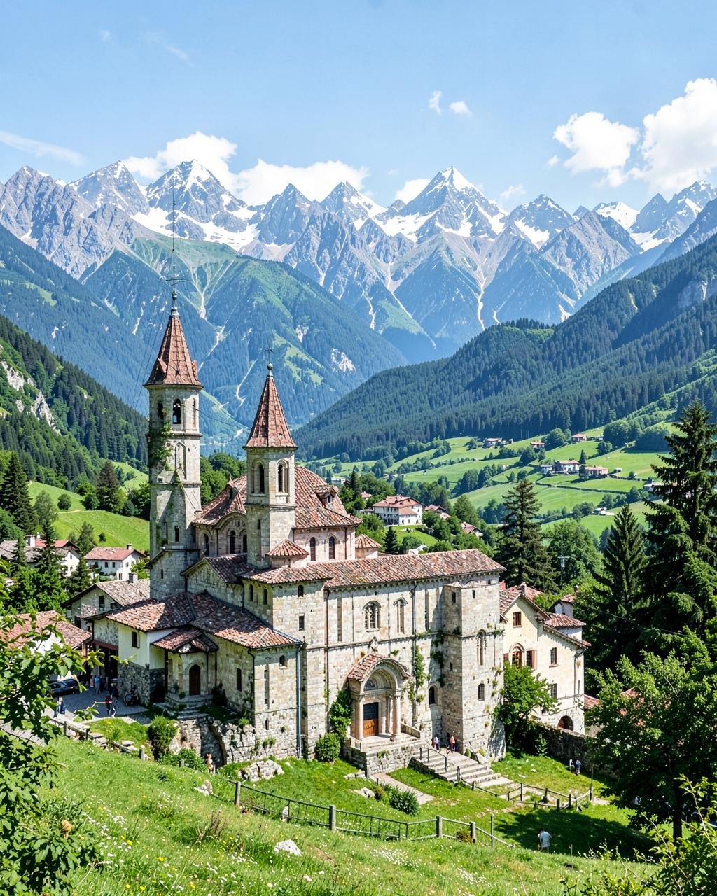 Historic church beneath the dramatic Caucasus Mountains in Georgia