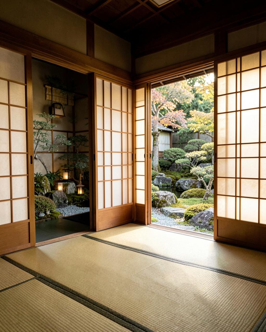 Traditional Kyoto ryokan with tatami flooring, shoji screens and a serene garden