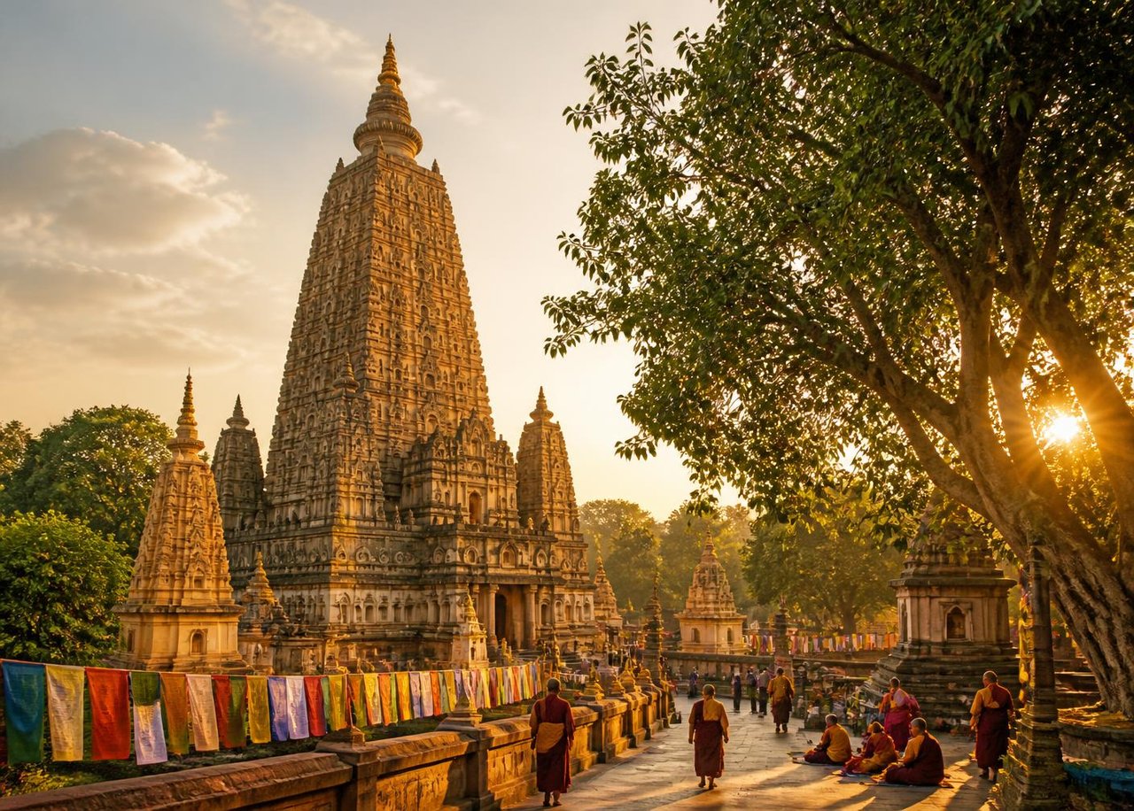 Mahabodhi Temple at Bodh Gaya in golden light with prayer flags