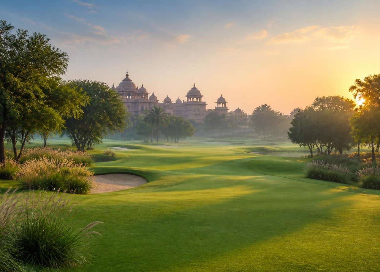 Championship golf fairway at sunrise with Indian palace domes in the distance
