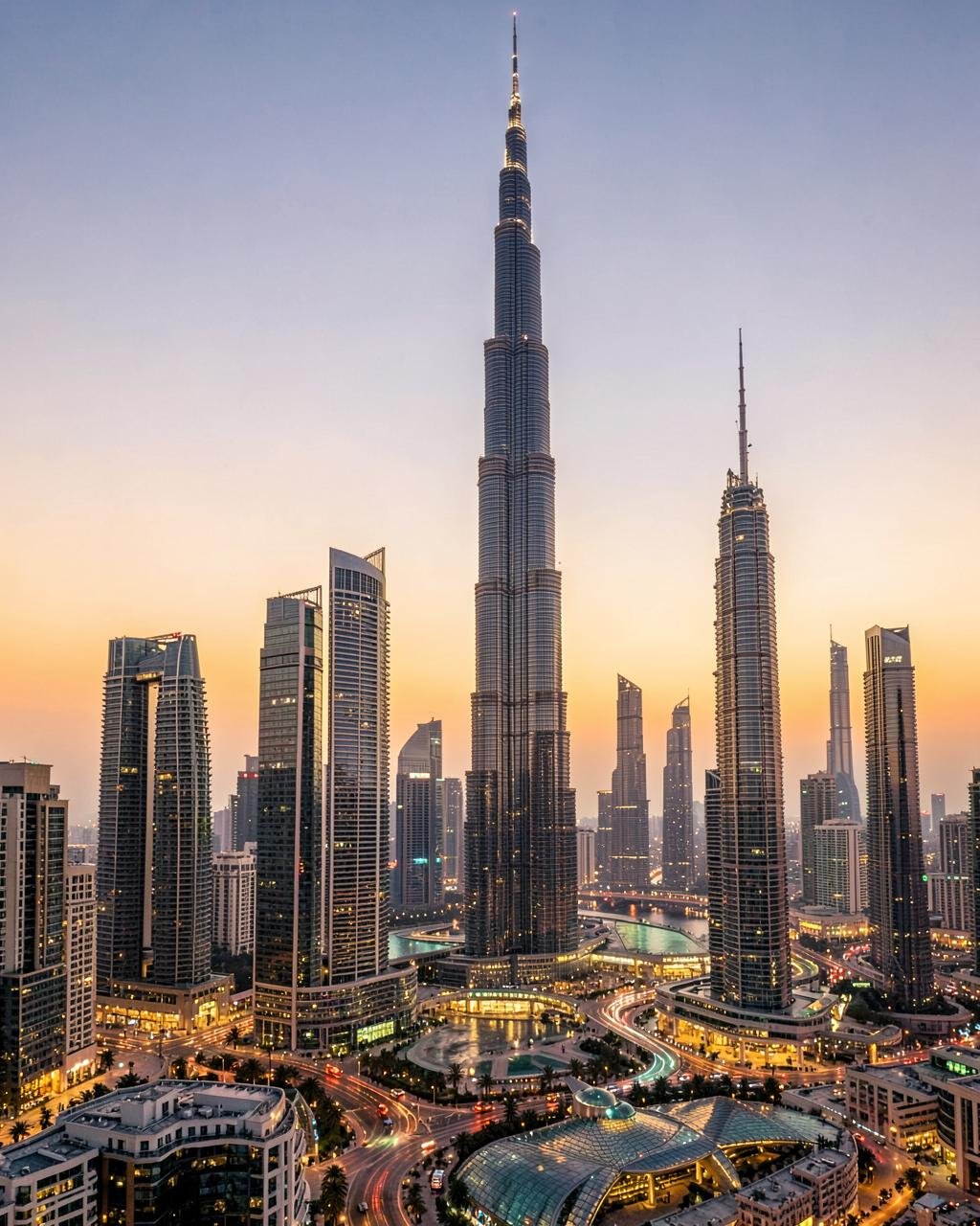 Burj Khalifa and the Downtown Dubai skyline at golden hour
