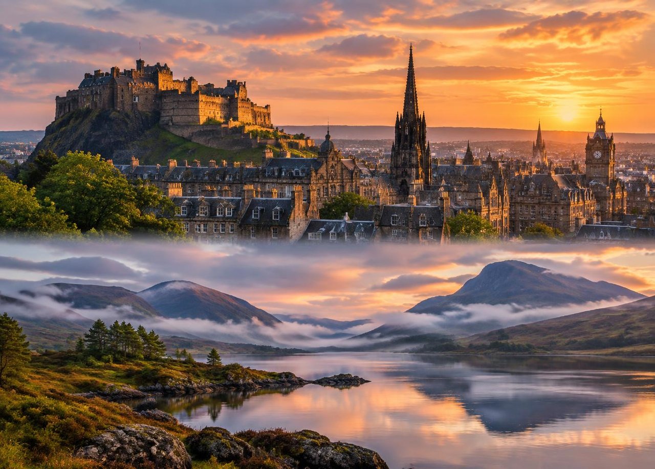 Edinburgh castle skyline and a misty Highland loch