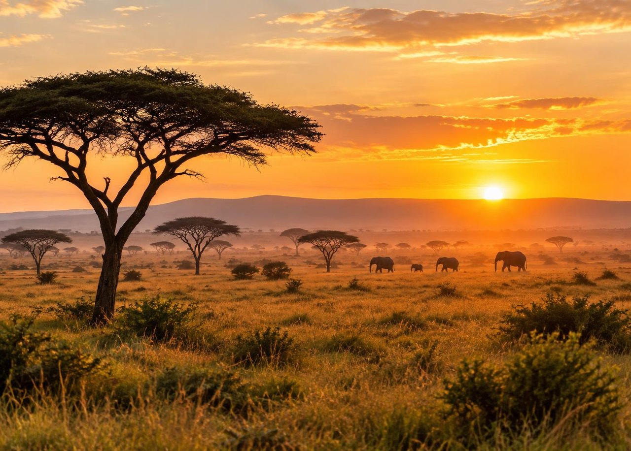 Acacia trees and elephants on the Kenyan savannah at sunrise