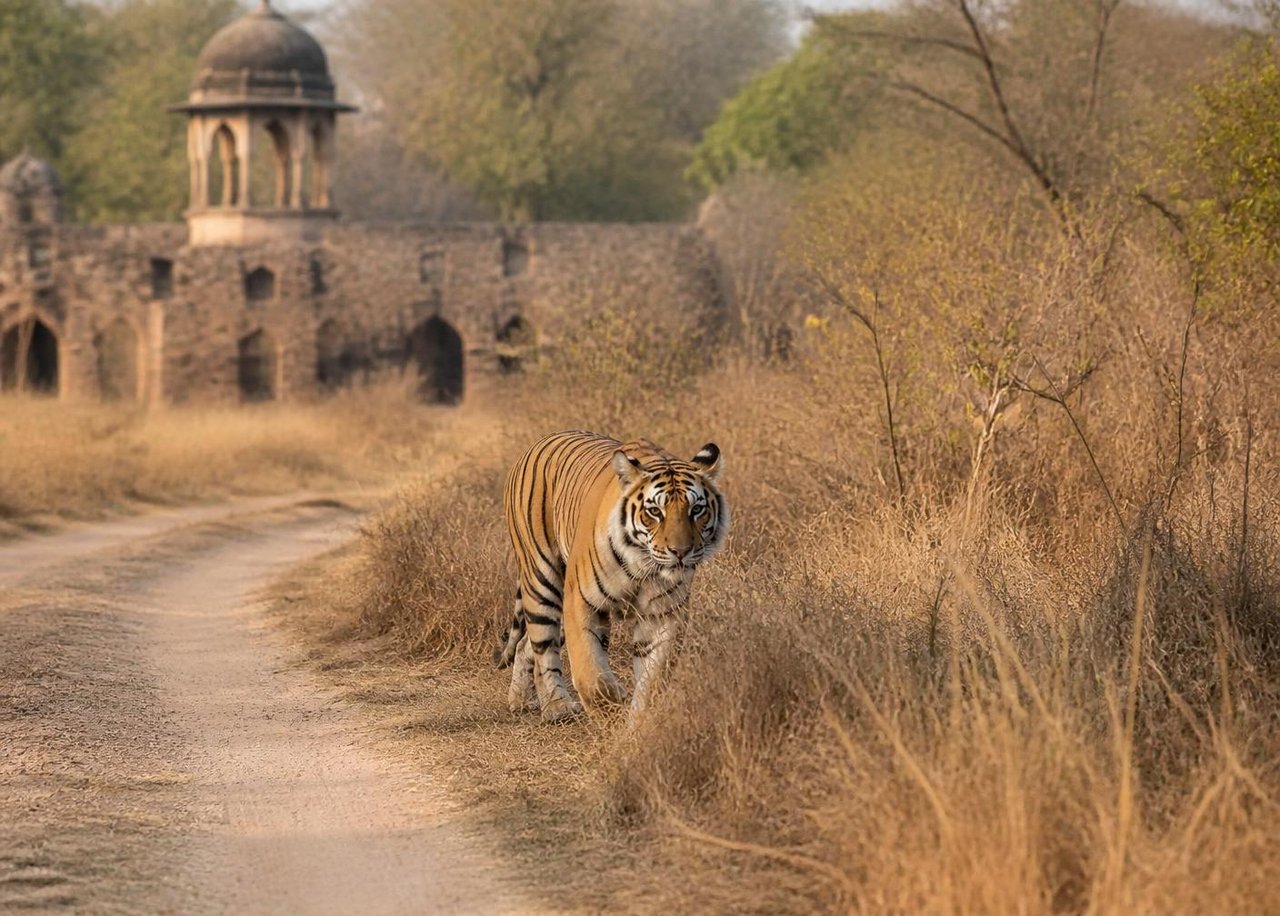 Bengal tiger walking through Ranthambore forest