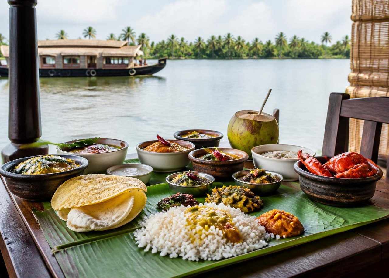 Kerala banana-leaf feast overlooking the backwaters
