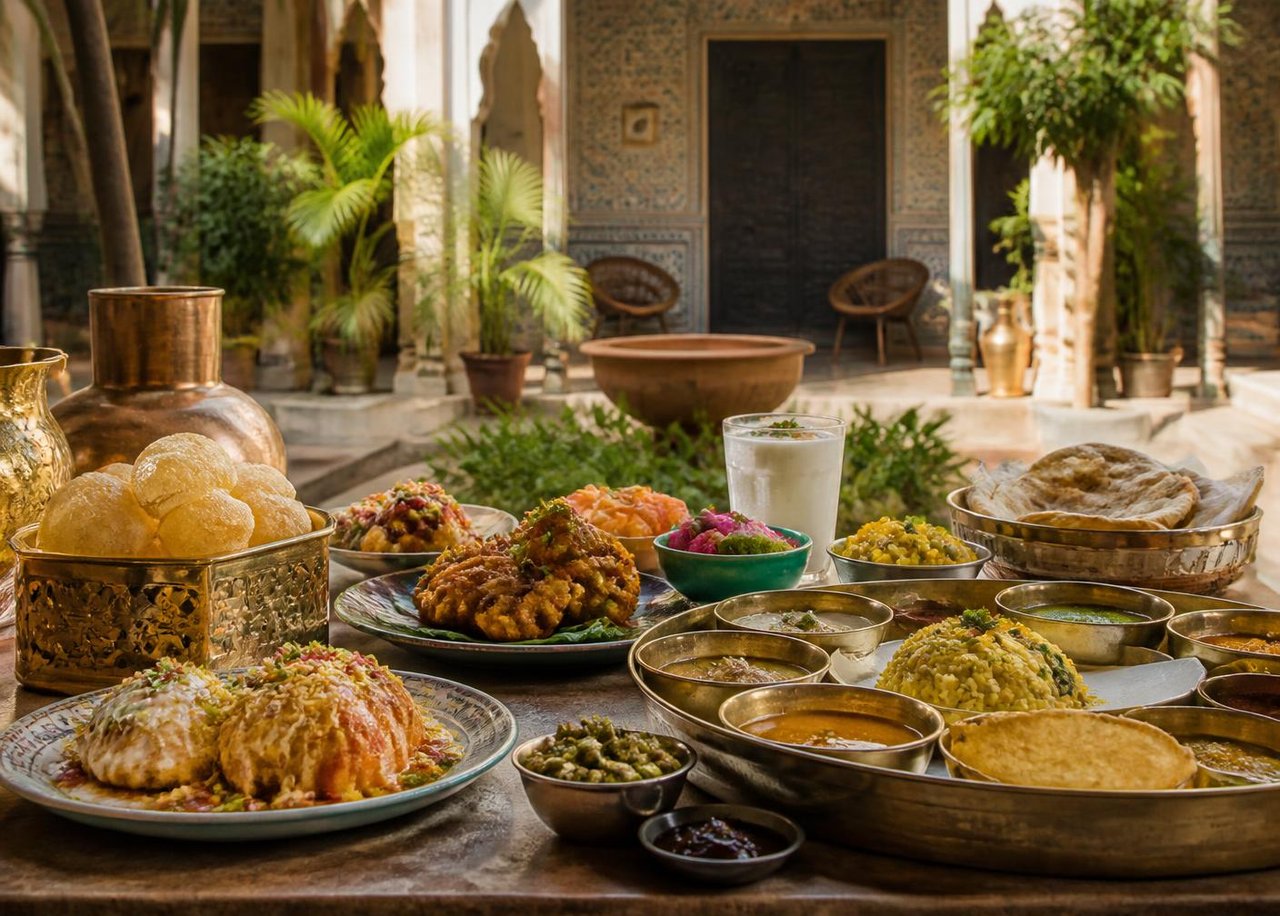 Indian dishes served in a heritage courtyard