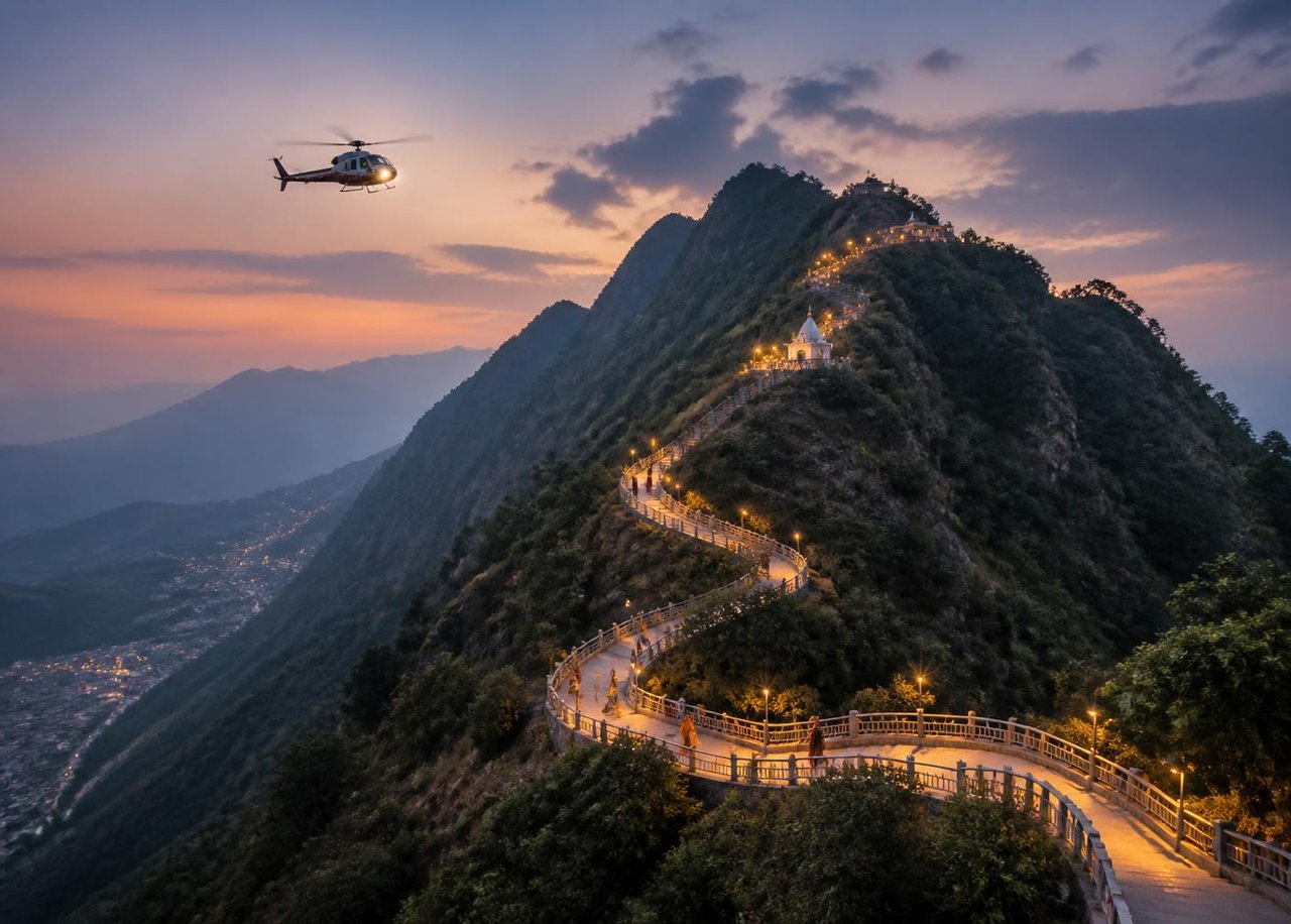 Lit pilgrim pathway winding up the Trikuta hills at dusk with a helicopter overhead