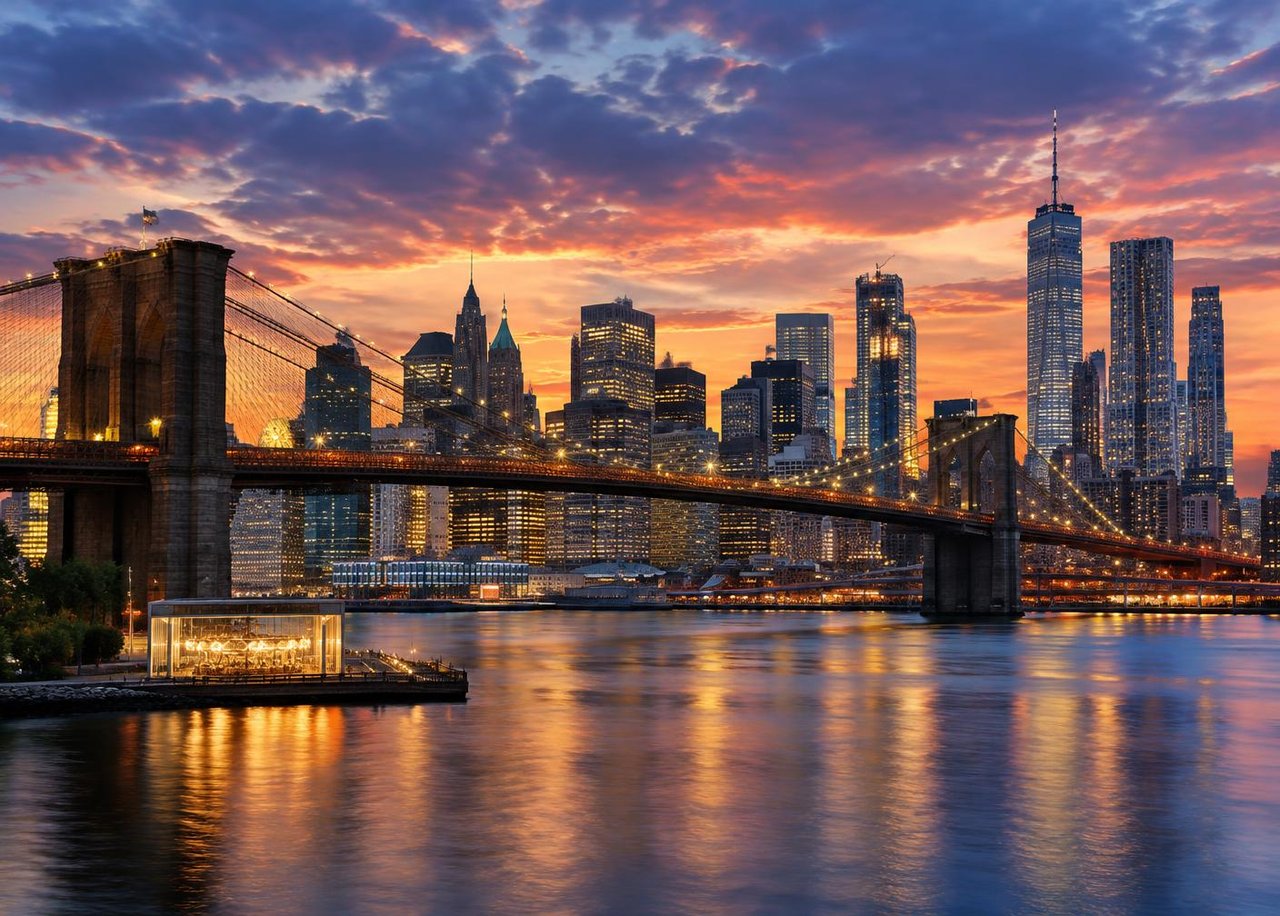Brooklyn Bridge and Manhattan skyline at dusk