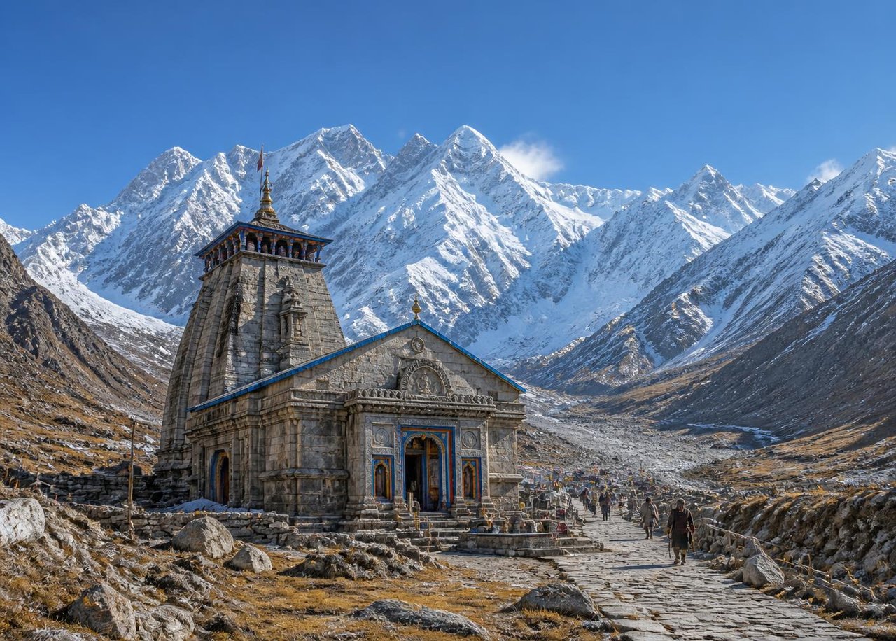 Stone Himalayan temple below snow peaks on the Char Dham route