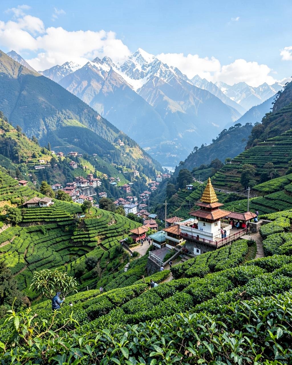 Himalayan panorama with a monastery and tea-covered slopes in Sikkim and Darjeeling