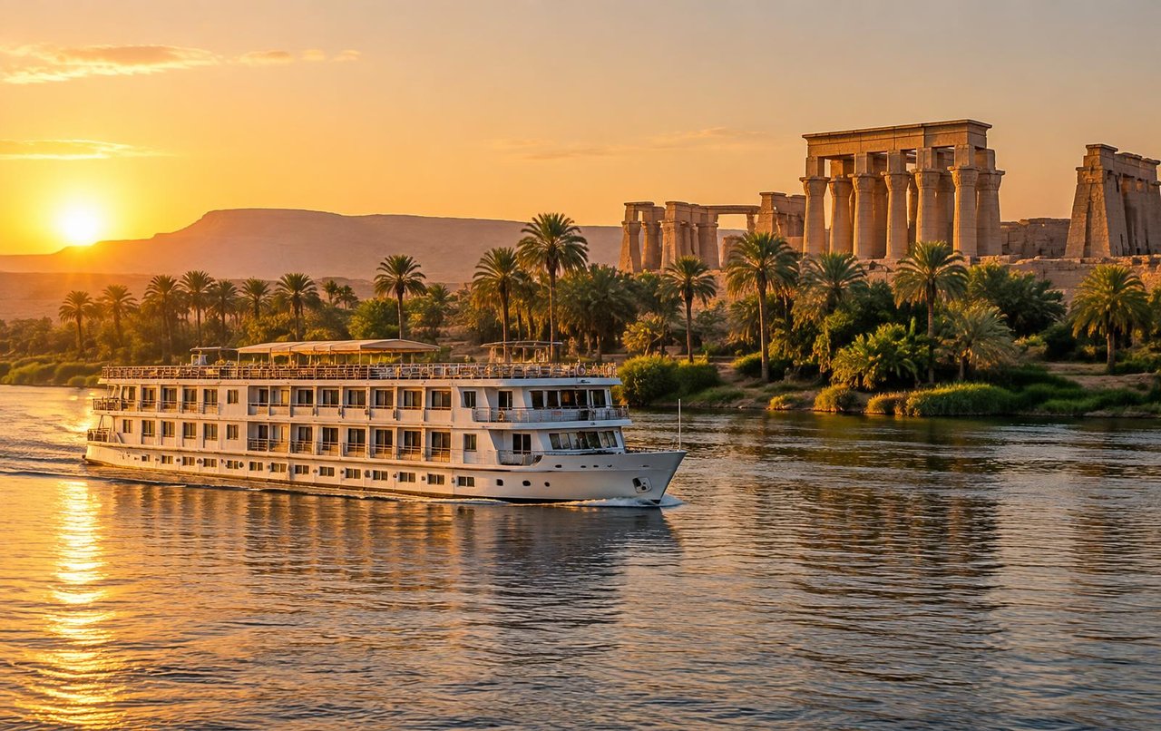 Nile cruise sailing past an ancient Egyptian temple at sunset