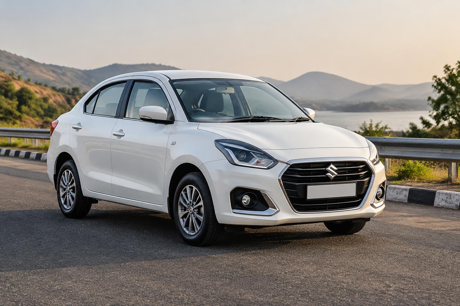 White Maruti Suzuki Dzire sedan on a scenic road