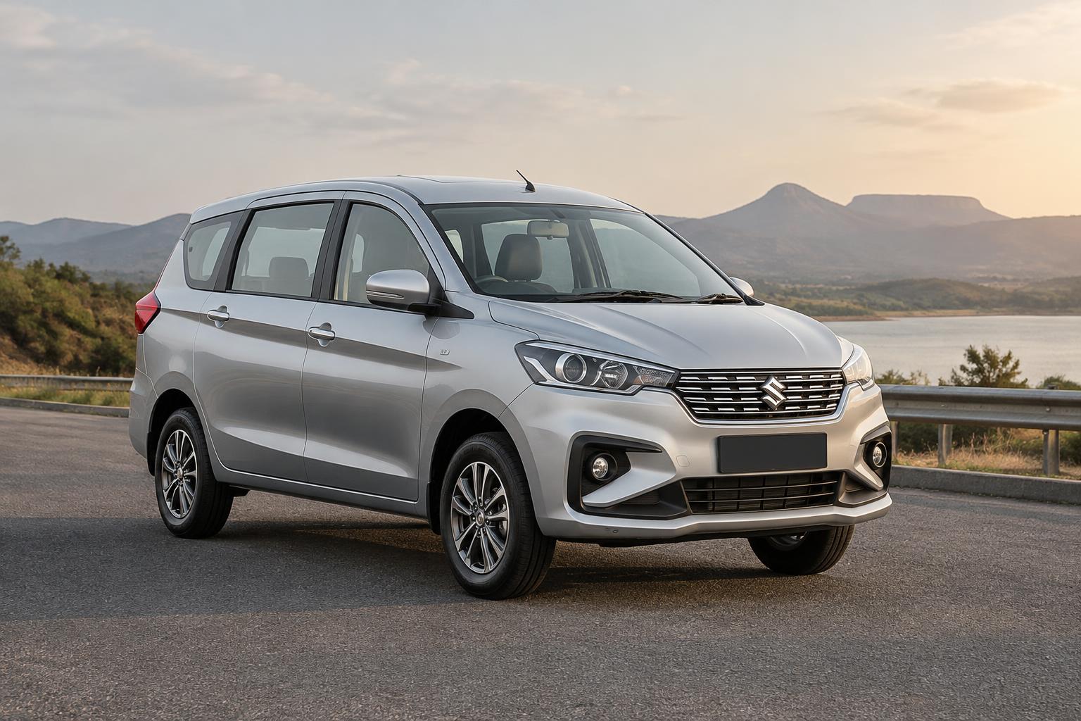 Silver Maruti Suzuki Ertiga on a scenic road
