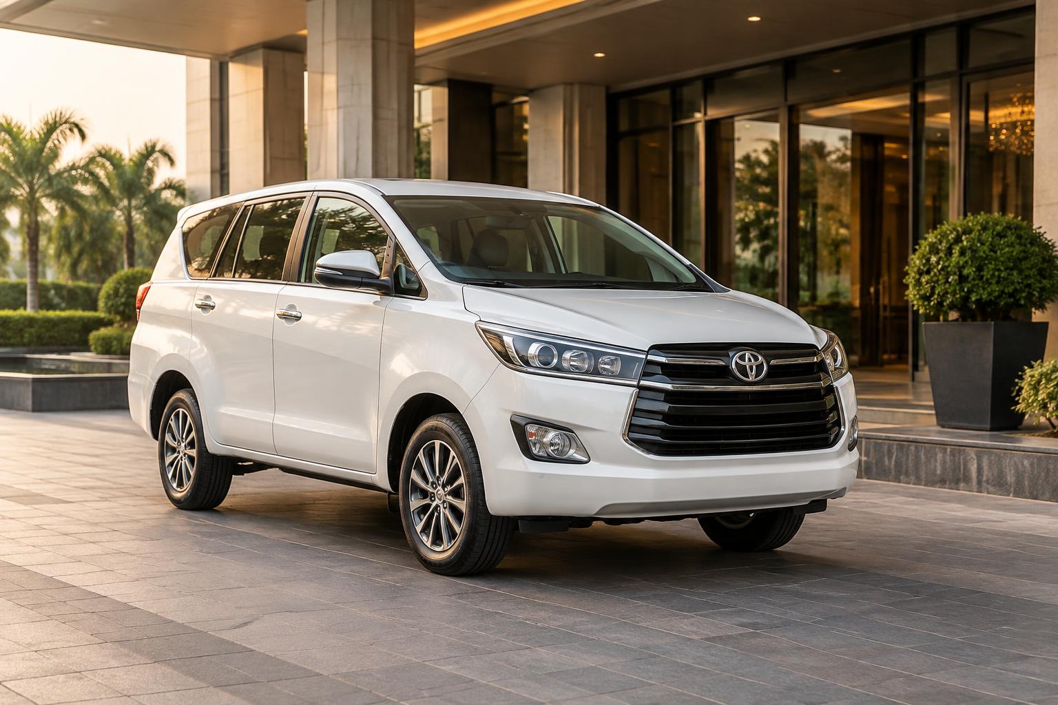 White Toyota Innova Crysta at a hotel entrance