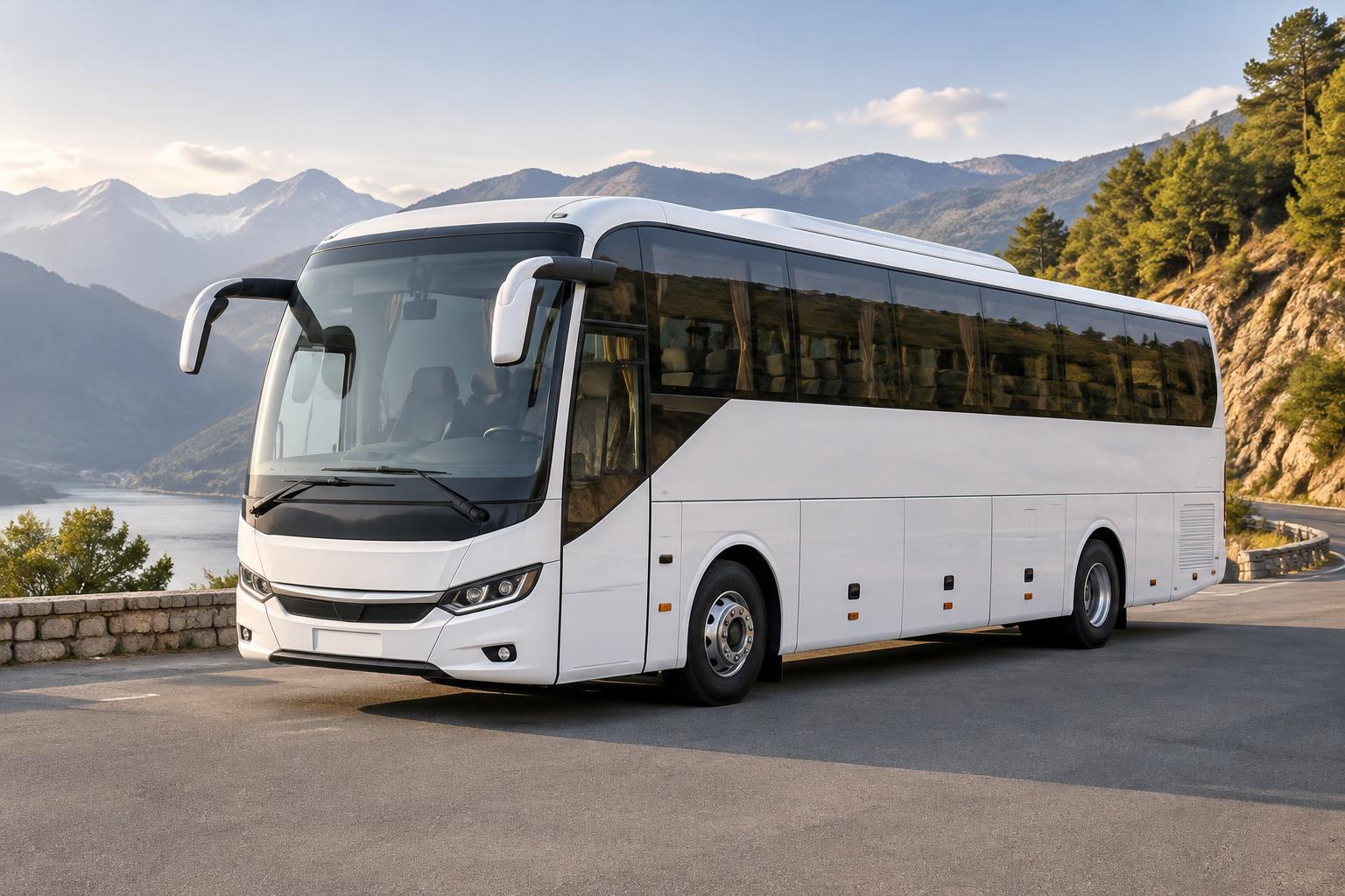 White full-size luxury coach on a mountain road