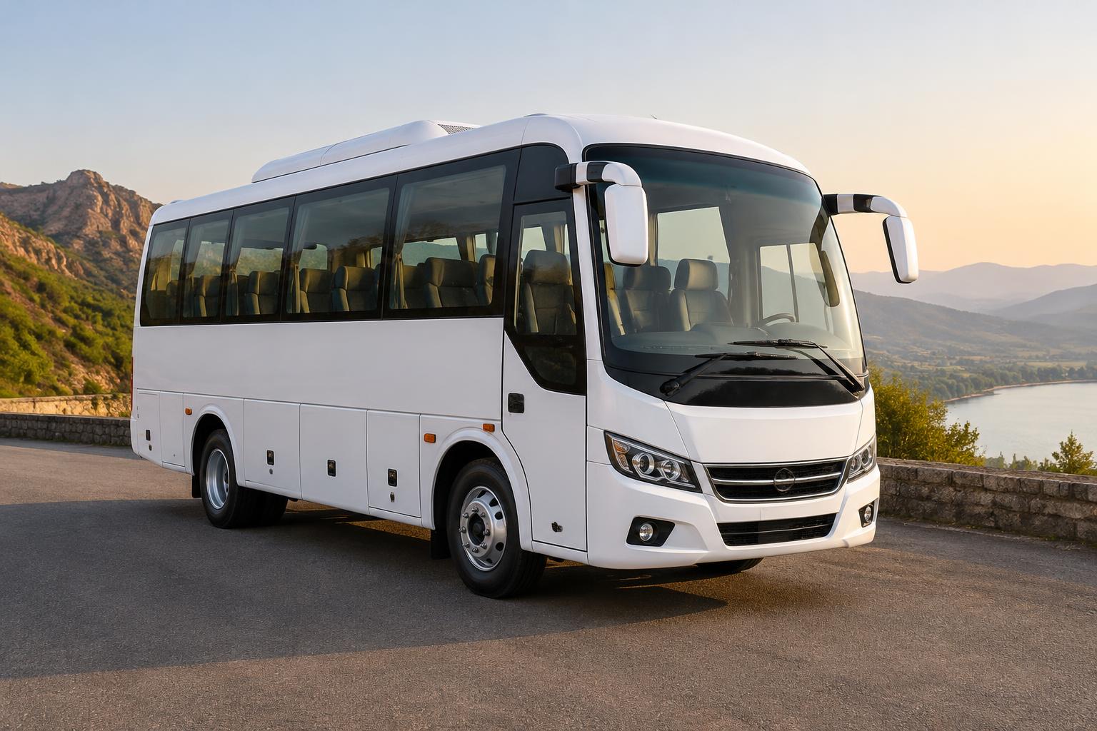 White 20-seat mini coach on a scenic road
