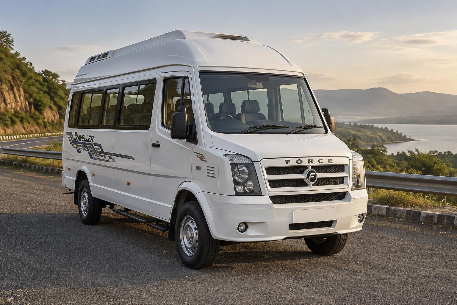White Force Tempo Traveller on a scenic road