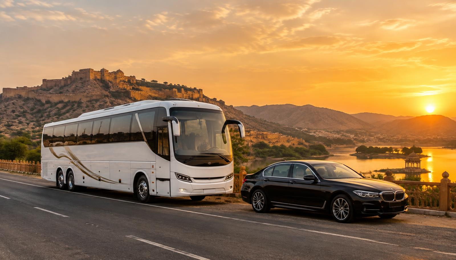 Rare Holidays coach and sedan on a Rajasthan highway at sunset